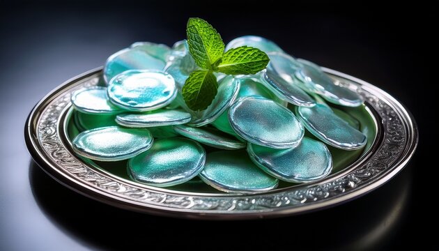 Iridescent Mint Crisps With A Delicate Shimmer On A Silver Plate