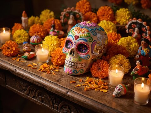 Colorful sugar skull on rustic wooden table surrounded by marigold flowers and lit candles for day of the dead celebration