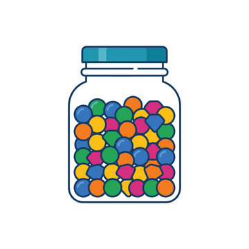 Glass jar filled with colorful candies and geometric shapes