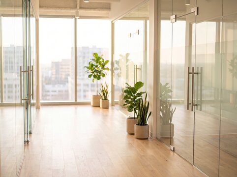 Modern office corridor with glass walls, wooden floor, and potted plants near large windows overlooking cityscape