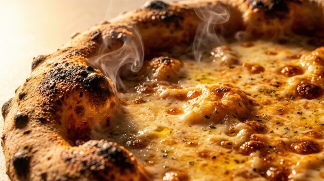 Macro Close Up of Charred Bubbly Crust on Wood Fired Artisan Pizza