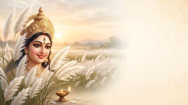 Goddess durga with kash flowers and diya for durga puja festival background