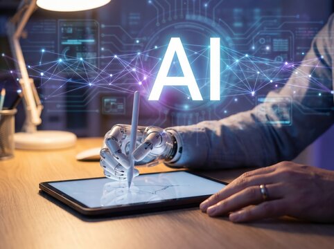 Robotic hand using stylus on tablet with glowing AI hologram above, circuit network background, human hand nearby on wooden desk