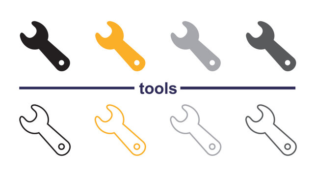 Variety of wrench icons in different colors and line styles on white background