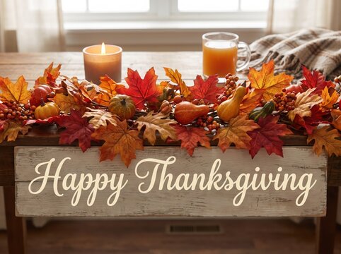 Happy thanksgiving sign on rustic wooden table with autumn leaves, pumpkins, gourds, lit candle and glass of juice, warm indoor fall decor