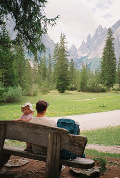 Father and little child relaxing in the mountains