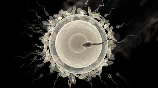 Sperm cell fertilizing human egg cell ovum microscopic 3d illustration, fertilization and fertility medical