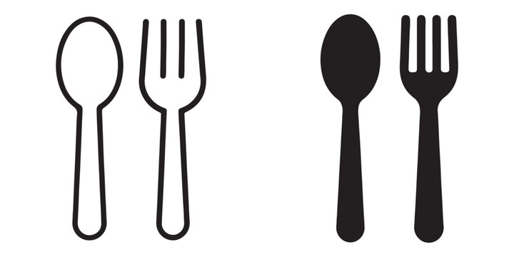 Minimalist vector illustration of spoon and fork icons featuring outline and solid filled design styles
