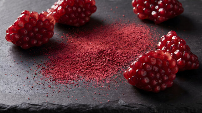 Pomegranate powder with fresh pomegranate arils on a dark slate board, healthy organic food supplement ingredient