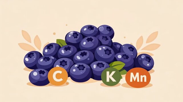 Pile of fresh blueberries with vitamin c, k and mn nutrient icons. illustrated berry heap shifts and settles, healthy nutrition concept.