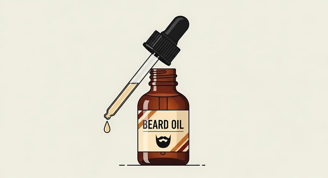 Minimalist vector illustration of a beard oil amber glass bottle with a dropper and falling drop, ideal for men's grooming, barbershop marketing, and facial hair care concepts.