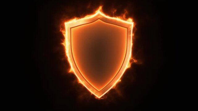 Fiery Shield Emblem Pulsing with Intense Orange Energy on Black Background