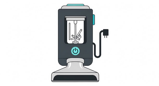 Modern electric automatic whisk machine illustration for kitchen appliance and cooking design, featuring power button and plug, isolated flat vector icon for bakery and culinary.