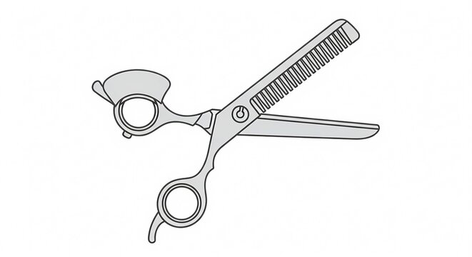 Professional metal hair thinning shears and barber scissors for salon styling and grooming, isolated vector illustration on white background.