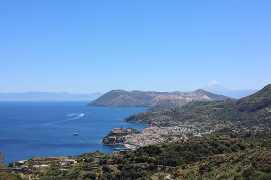 Panoramic view of Lipari town and Vulcano island