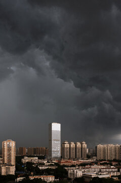 City view covered in dark clouds