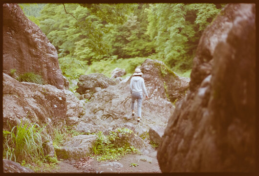 Hiker Exploring Rocky Forest Landscape