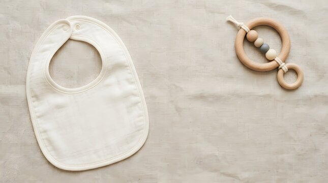 Baby bib and wooden teething ring rest on a linen surface