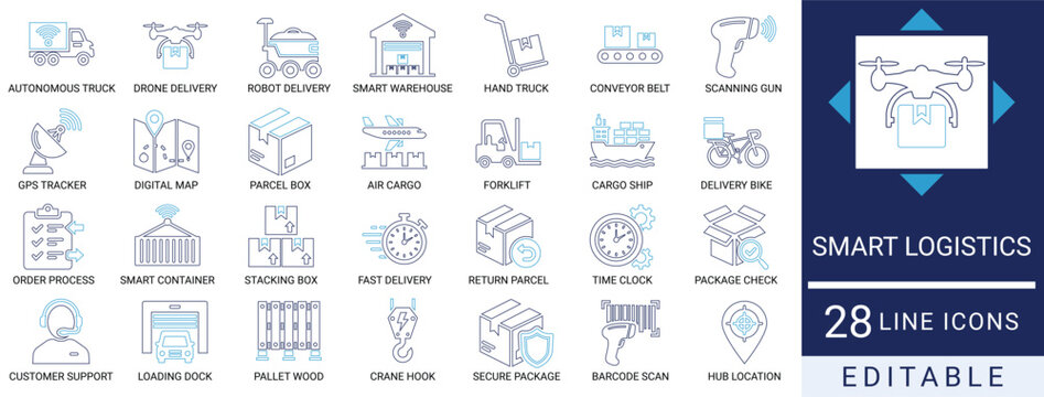Smart logistics line icon set featuring cargo transport, tracking, and warehouse shipping. Editable stroke vector for UI and UX delivery supply chain