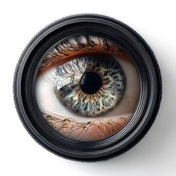 Macro Human Eye with Detailed Iris Pattern Inside Camera Lens Barrel Ring