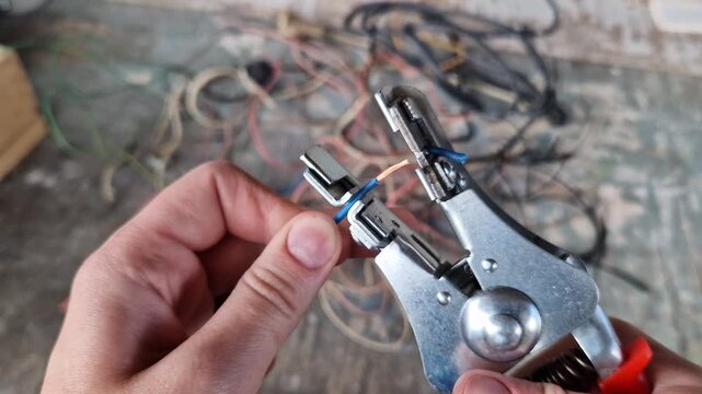 The process of stripping insulation from a blue wire using an automatic stripper. Hands of a craftsman using a professional pliers tool to remove the insulation from a copper electrical cable