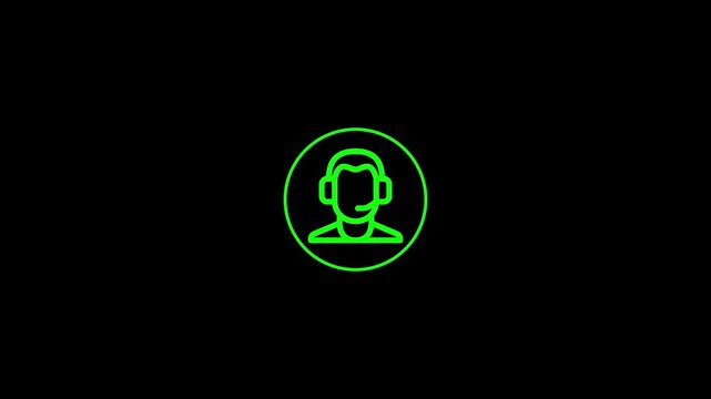 Neon Green Customer Support Representative Icon with Headset for Call Center Communication and Technical Assistance on Black Background