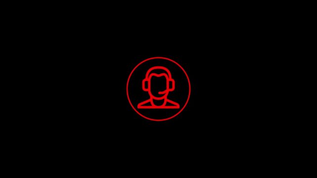 Red Neon Customer Support Headset Icon, Minimal Line Art Symbol Isolated on Black Background for Communication and Digital Service