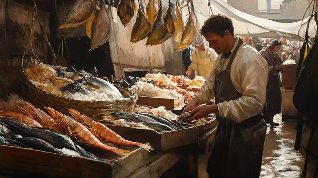A fishmonger at a coastal town market displaying fresh seafood, locals picking the day&Atilde;&cent;&acirc;&sbquo;&not;&acirc;&bdquo;&cent;s catch.