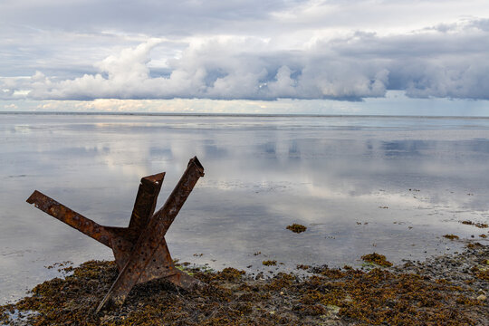 View of a rusty Czech hedgehog anti-tank obstacle resting on the seaweed-covered shoreline with calm water and a cloudy sky in Allingabro, Jutland, Denmark.