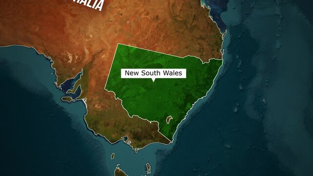 3D satellite map animation zooming into the highlighted state of New South Wales in Australia