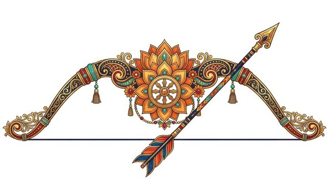 Ornate Golden Bow and Arrow with Lotus and Dharma Wheel Motif, Inspired by Indian Mythology and Epic Legends