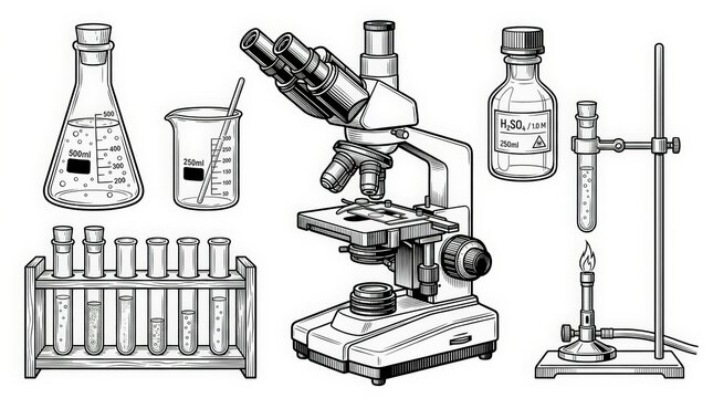 Set of scientific laboratory equipment including a microscope, test tubes, beaker, Erlenmeyer flask, and Bunsen burner for chemical and biological research
