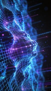 Visual representation of a digital face made of lines and lights in a dark space, created with computer graphics and technology