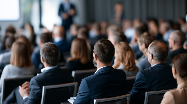 Business professionals attending a corporate conference, listening to a speaker during a presentation or seminar