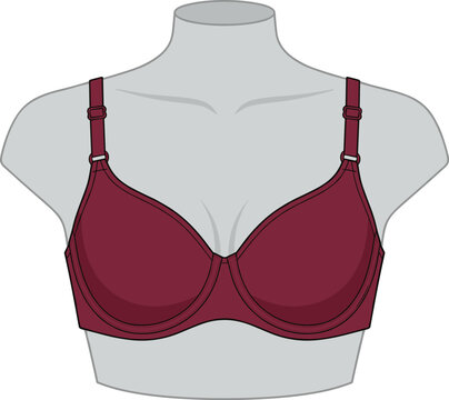Burgundy Underwire Bra Flat Sketch Vector Illustration featuring Adjustable Straps for Apparel Design Templates