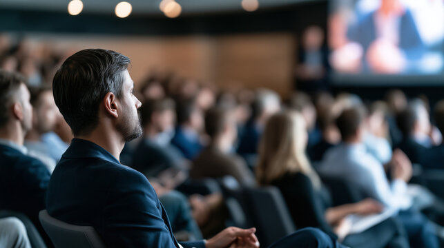 Audience attentively watching business presentation on large screen at conference or seminar
