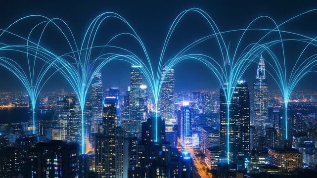 Futuristic Cityscape with Digital Network Arcs at Night