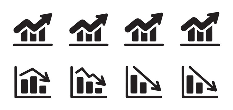 Business growth and decline chart icons set with black bar graphs and arrows for financial analysis reports.
