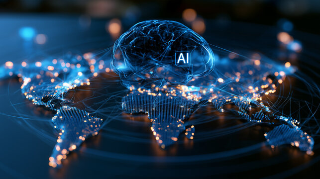 Artificial intelligence brain expanding globally across a digital network, connecting data and modern technology