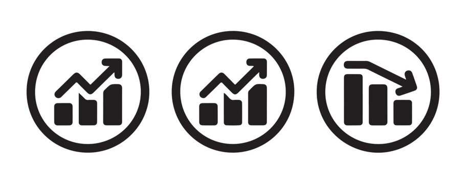 Black financial graph icons in circles with arrows for business growth or economic decline concepts.