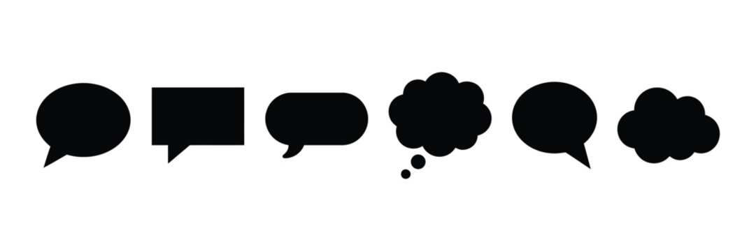 Selection of solid black speech bubbles and thought cloud silhouettes with speech bubble