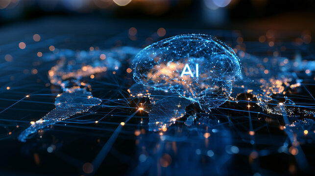 Global AI network brain connecting continents, illustrating technology, data, and machine learning development