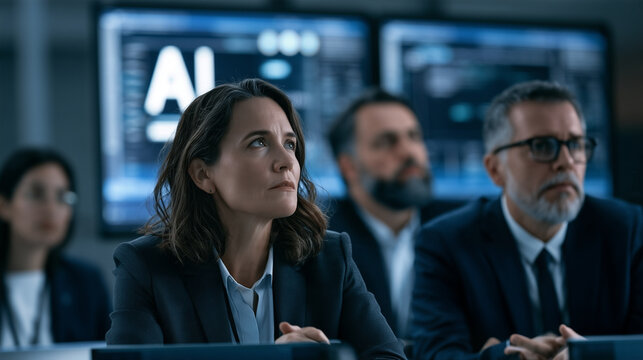 Business executives observing artificial intelligence display, discussing future technology and machine learning development