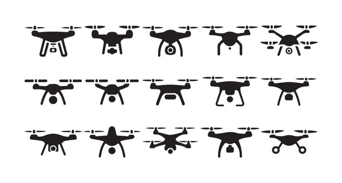 Black drone icons set with different quadcopter models for aerial imagery and tech.