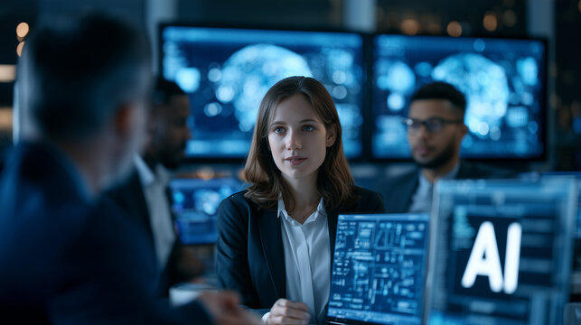Business executives discussing artificial intelligence and data analysis in modern control room with digital screens