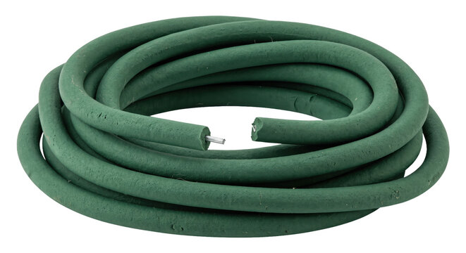 Coiled green garden hose with a textured surface and exposed metal core on a clean white background