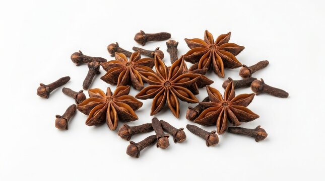 Star anise and dried cloves spice mixture arranged on a white background with dried spices anise stars clove buds spice mix aromatic seasoning ingredients culinary fragrant isolated close