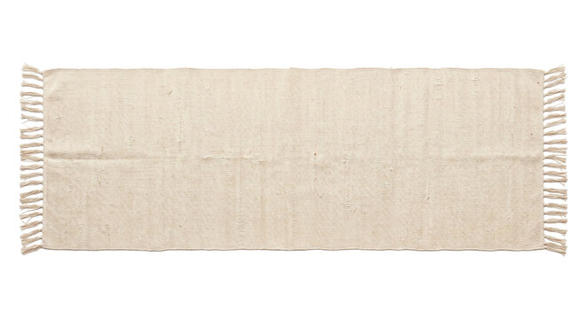 Long rectangular beige woven rug with fringed ends is displayed on a clean white background, viewed from directly above