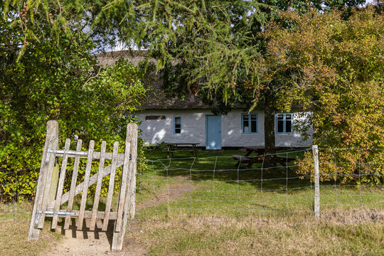 View of a traditional white cottage with a thatched roof and blue door, nestled among trees with picnic tables in the foreground at Rebild National Park in Skorping, Jutland, Denmark.