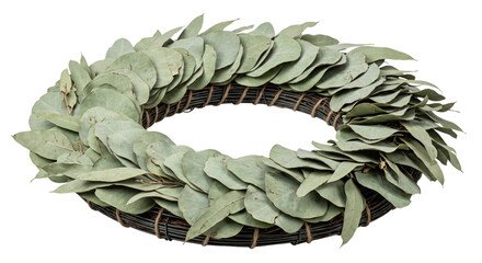 Beautiful handmade eucalyptus leaf wreath with a rustic woven base, captured with bright studio lighting on a white background © no one